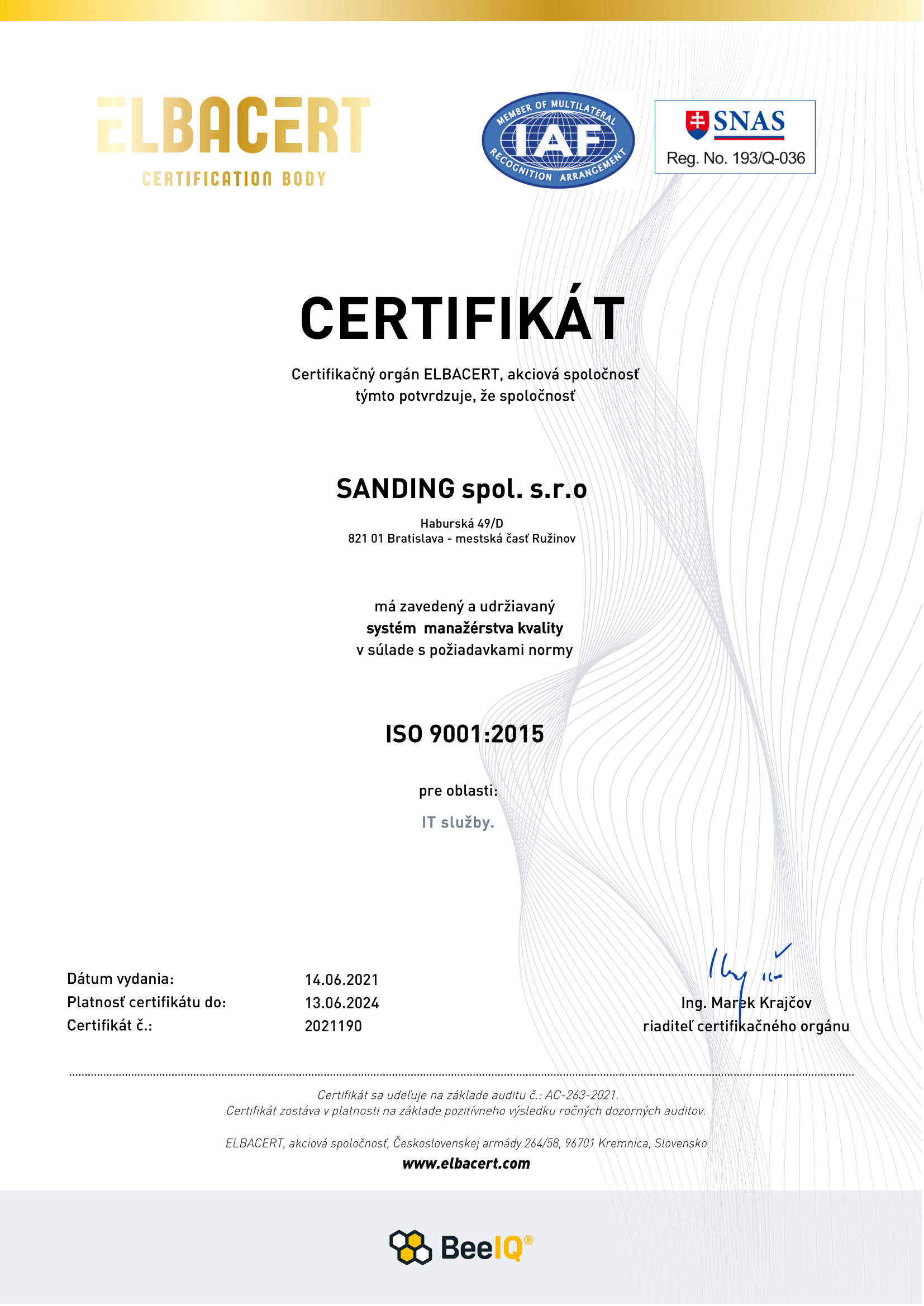 SANDING ISO 9001 certifikát
